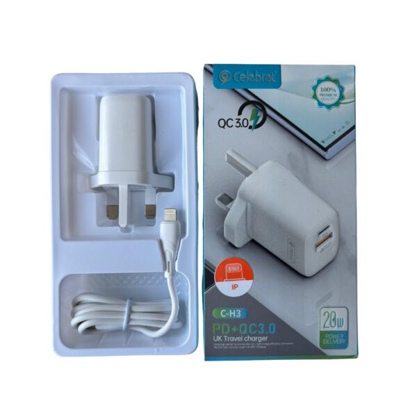 Celebrat C-H3 UK Travel Charger 20W with C-Lightning Cable