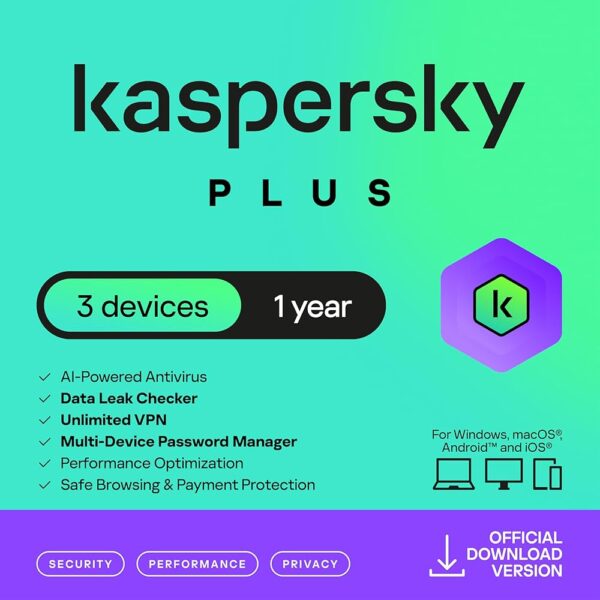 VIRUS GUARD - KASPERSKY PLUS 3 USER FOR 1 YEAR